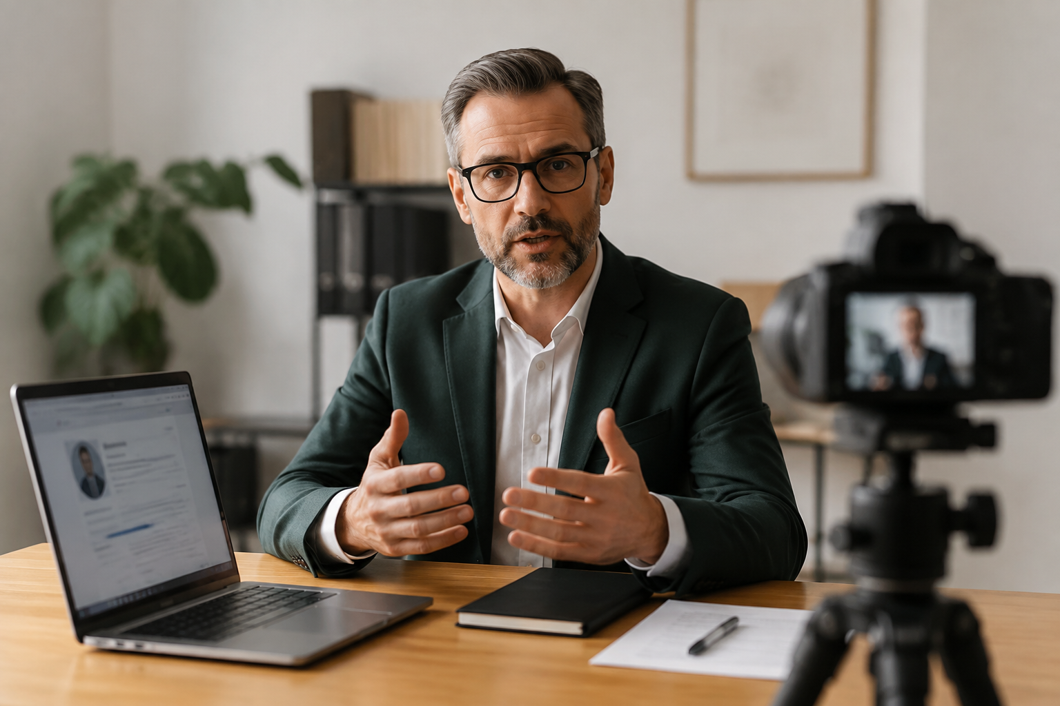 Subject matter expert recording a professional explanation beside a blurred profile page
