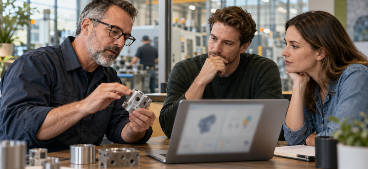 Manufacturing subject-matter expert explaining a quality-control decision to a small business founder and marketing lead