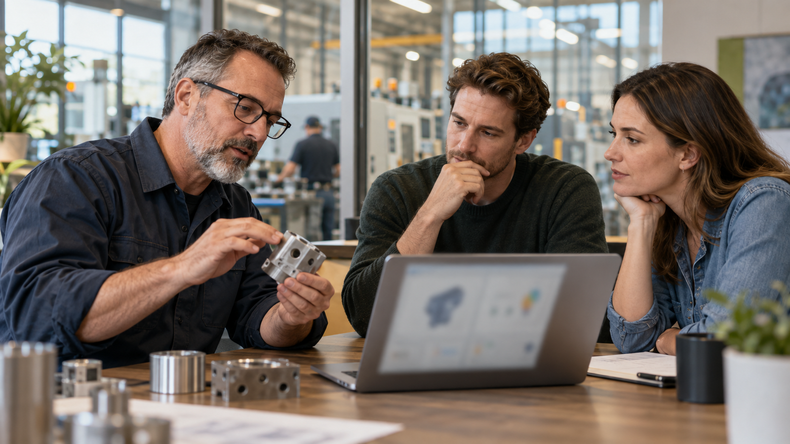 Manufacturing subject-matter expert explaining a quality-control decision to a small business founder and marketing lead