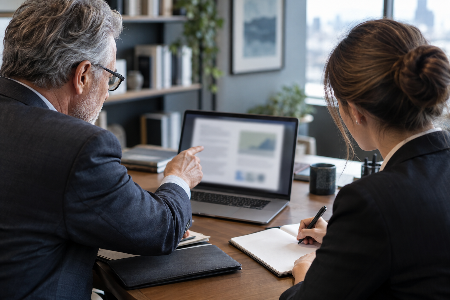 Senior professional reviewing an AI-prepared draft with a colleague before client delivery