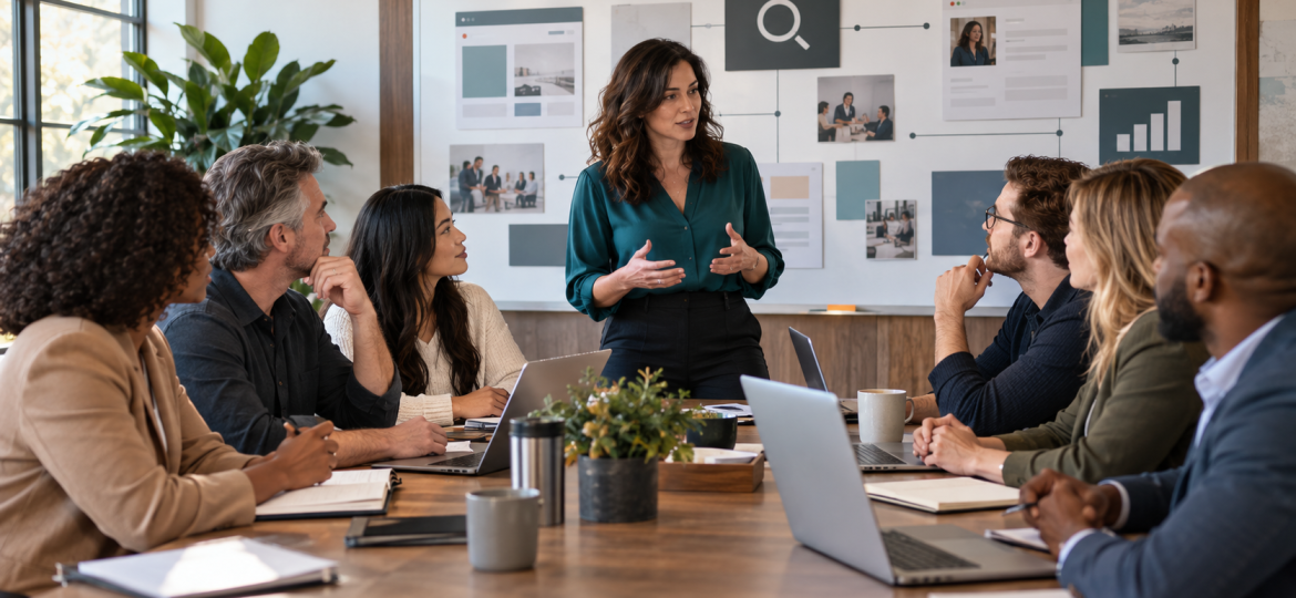 Small HR consultancy team aligning website LinkedIn expert voices and earned proof for AI search credibility