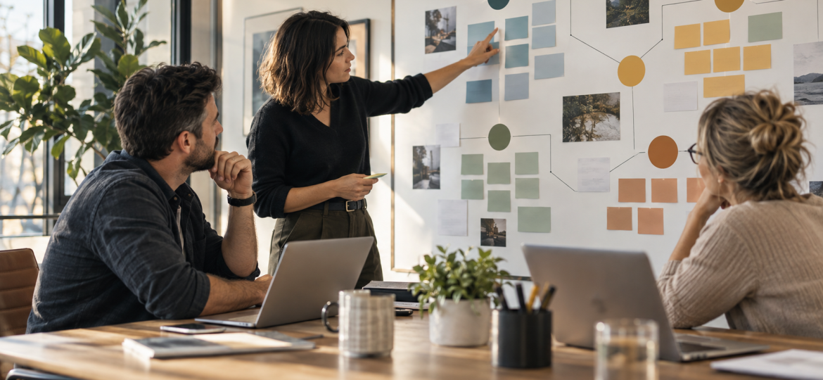 Small B2B agency team mapping four defensible authority themes for AI search visibility