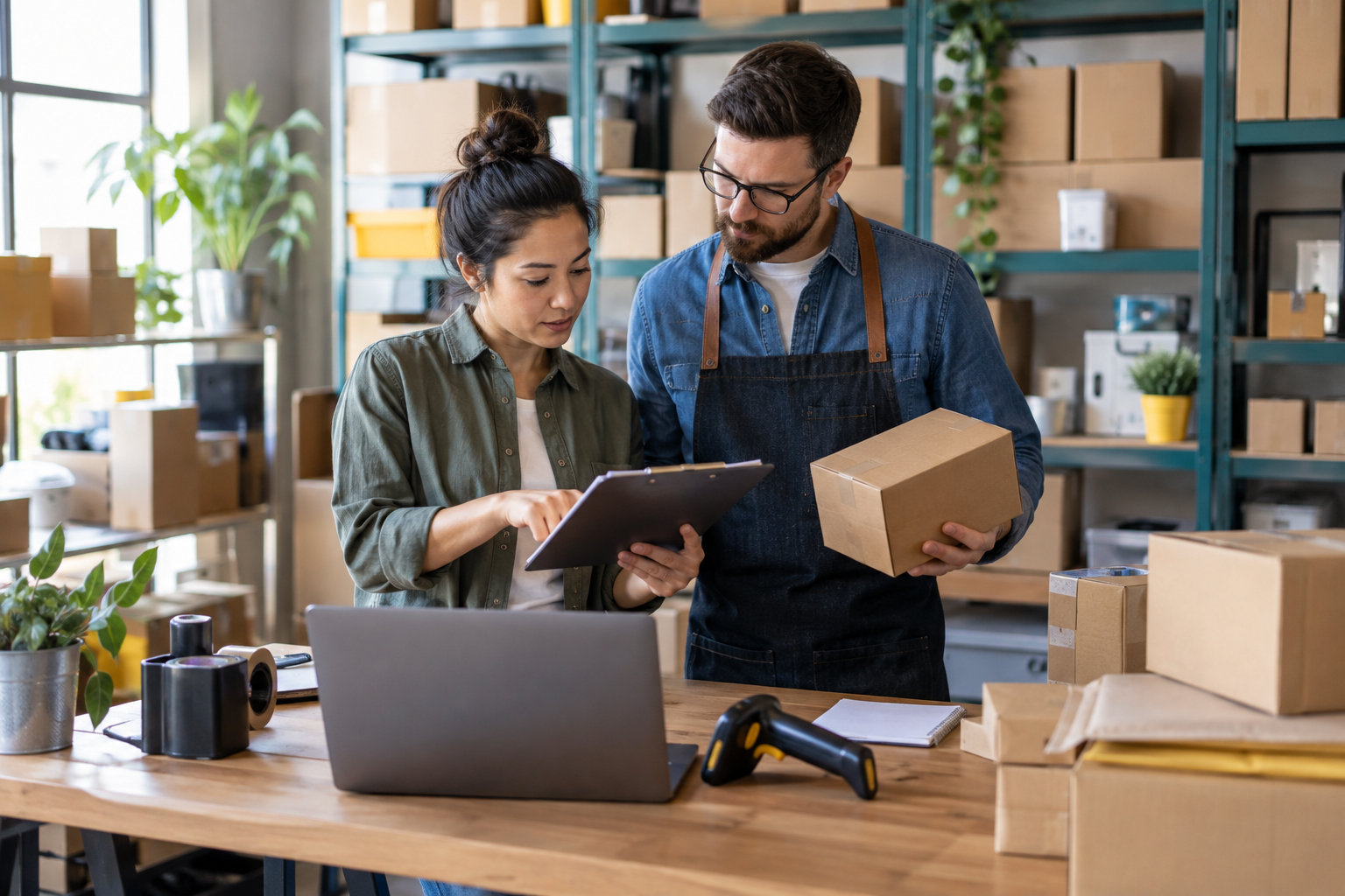 Small ecommerce owner reviewing inventory and reorder exceptions before approving purchases