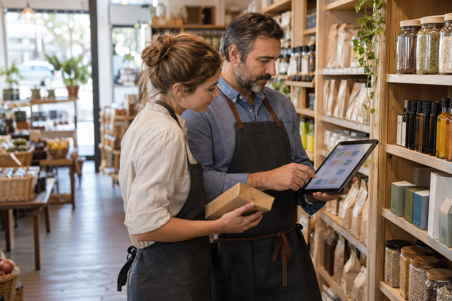 Local shop owner and staff member reviewing inventory and reorder needs with a tablet