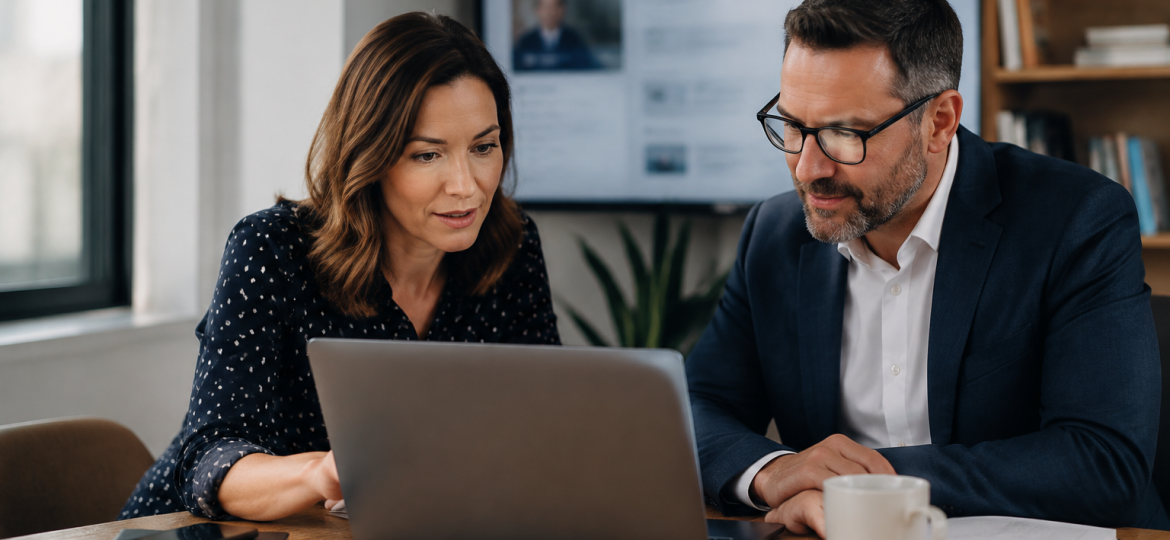 Small business owner and advisor reviewing website and LinkedIn authority signals for AI search visibility