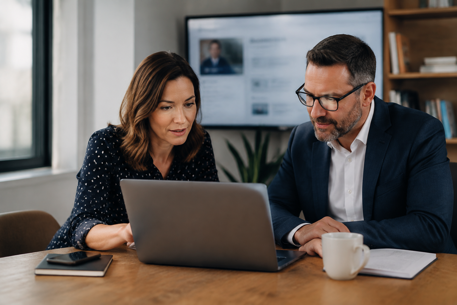 Small business owner and advisor reviewing website and LinkedIn authority signals for AI search visibility