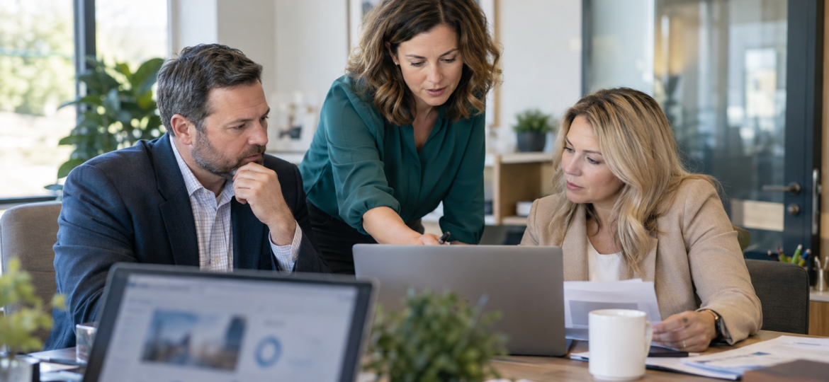 Small accounting firm team reviewing website and LinkedIn Company Page consistency for AI search visibility