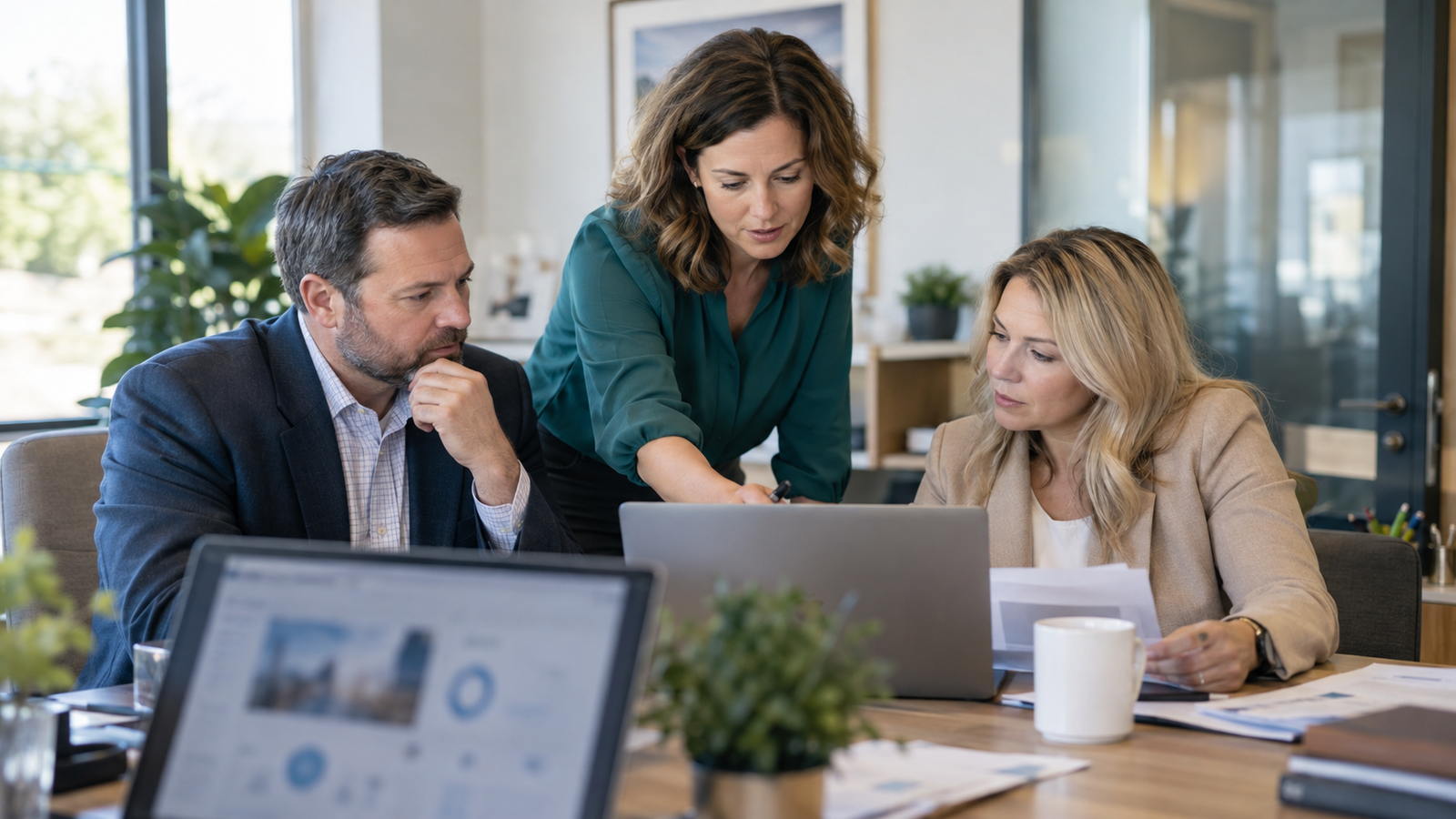 Small accounting firm team reviewing website and LinkedIn Company Page consistency for AI search visibility