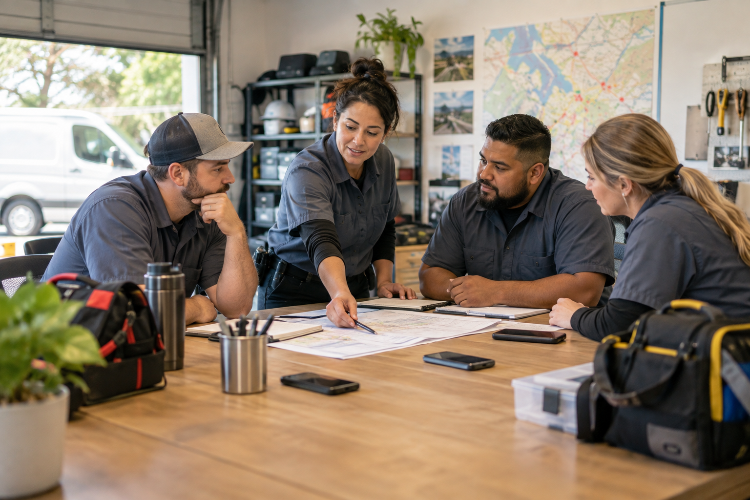 Local service team preparing job handoffs and daily dispatch plans before starting work