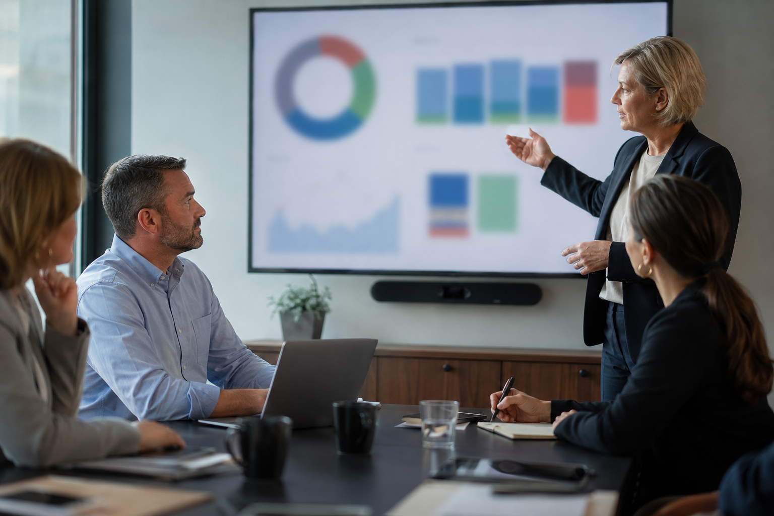 Small business leadership team reviewing AI automation pilot evidence