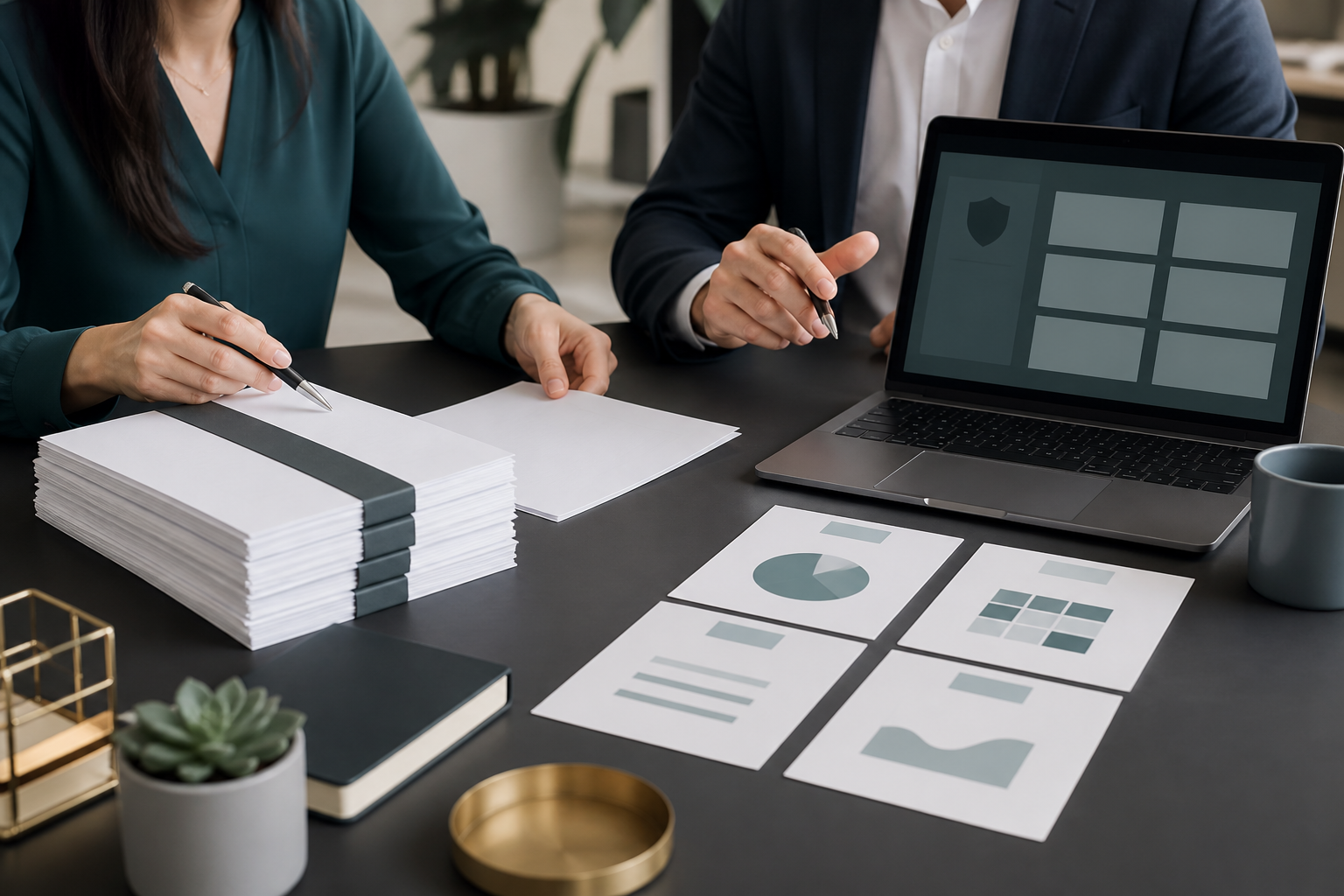 Accounting firm reviewing blank private documents and anonymized public example cards