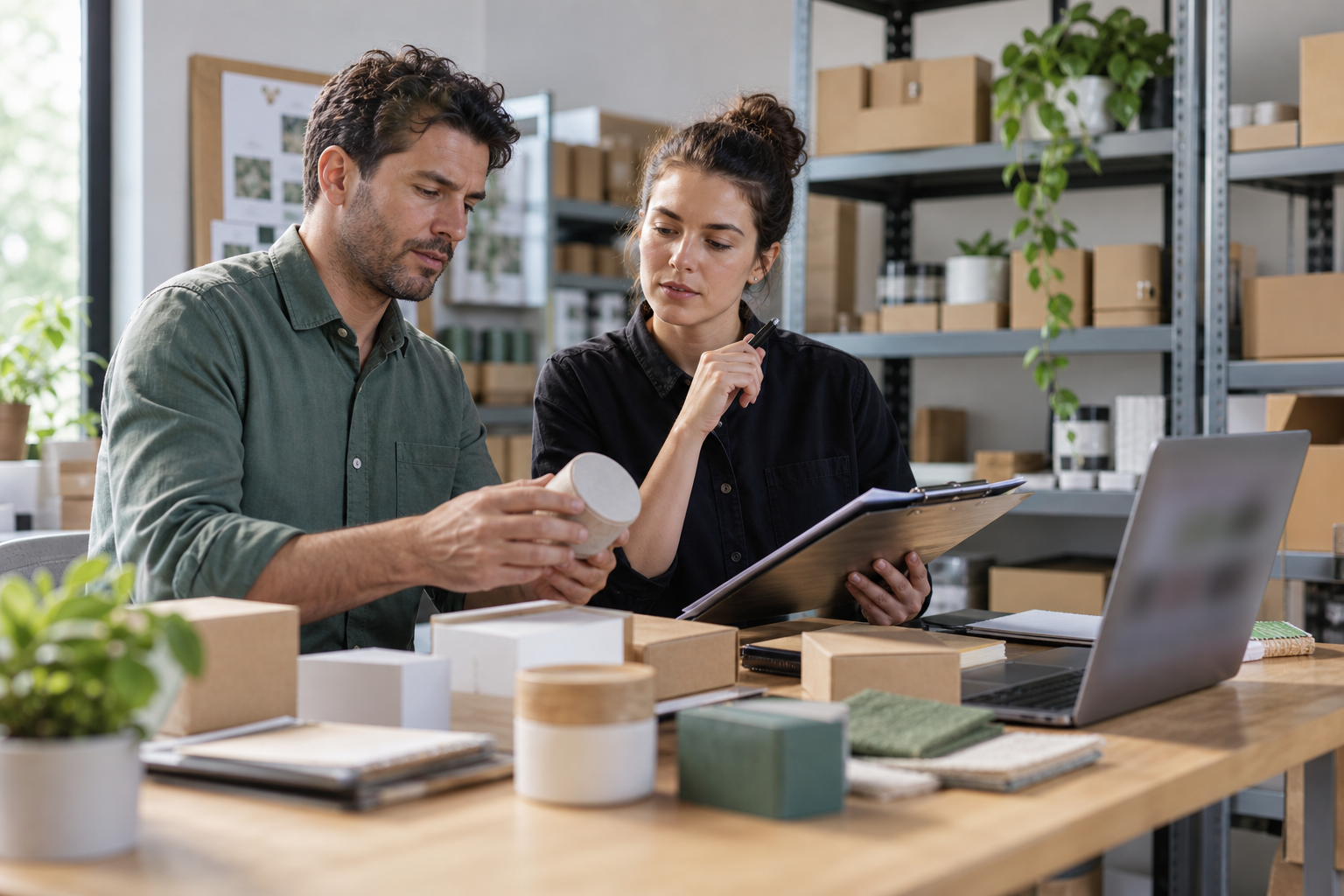 Small business owner and operations manager reviewing a purchase request before supplier approval