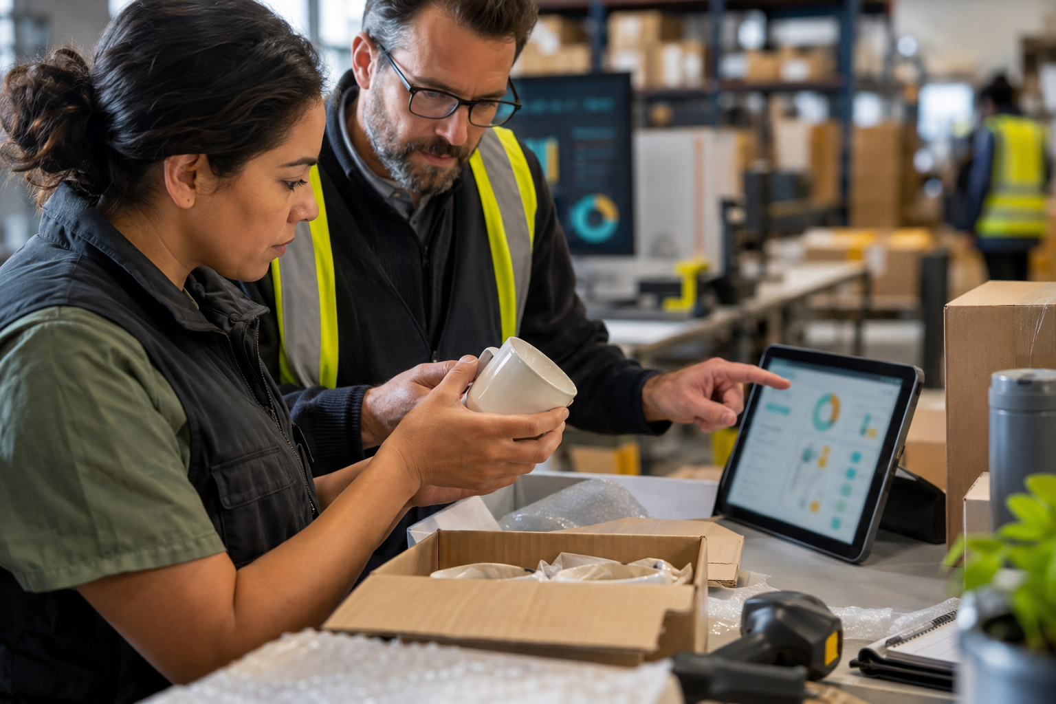 Operations manager and packing lead reviewing an AI-assisted quality exception before shipment