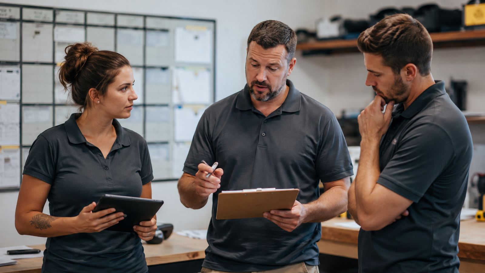 Service business team reviewing quote follow-up and scheduling work before automation