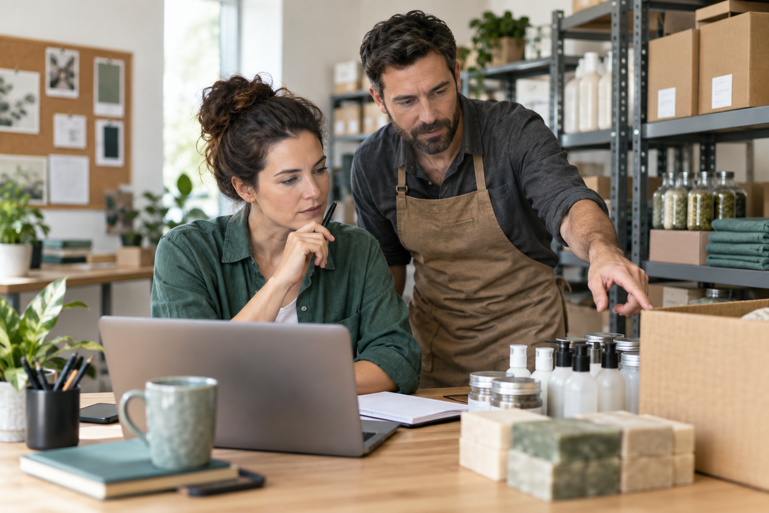 Small business owner reviewing a stock reorder recommendation before approving a purchase