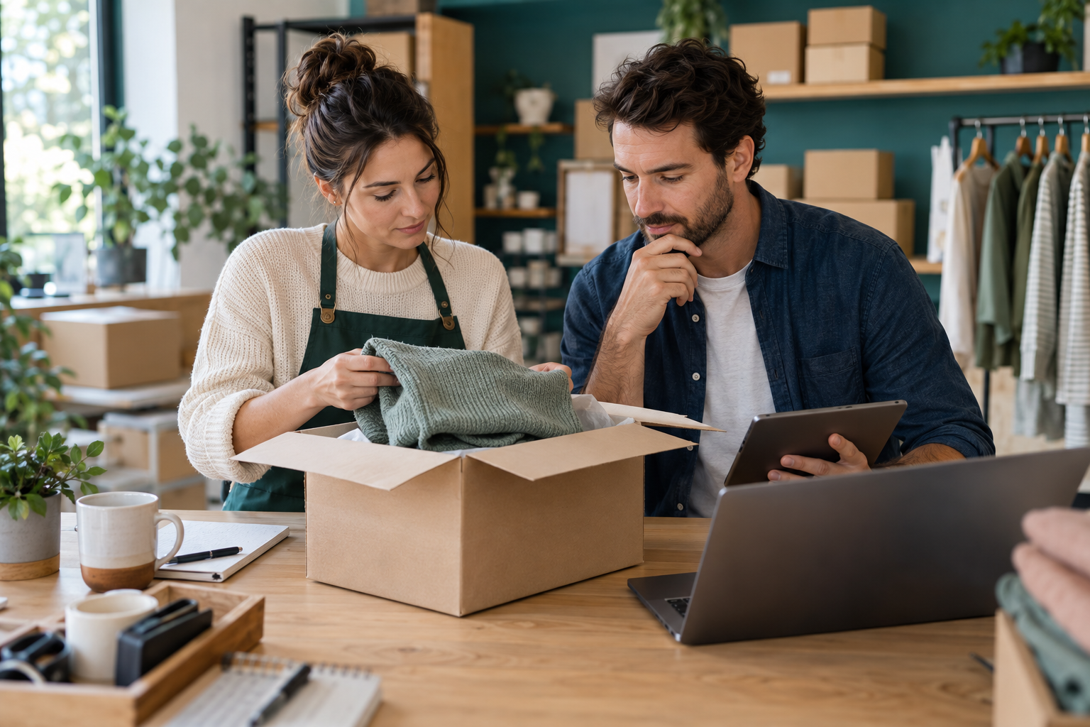 Small ecommerce team reviewing a returned package before deciding the next customer follow-up step