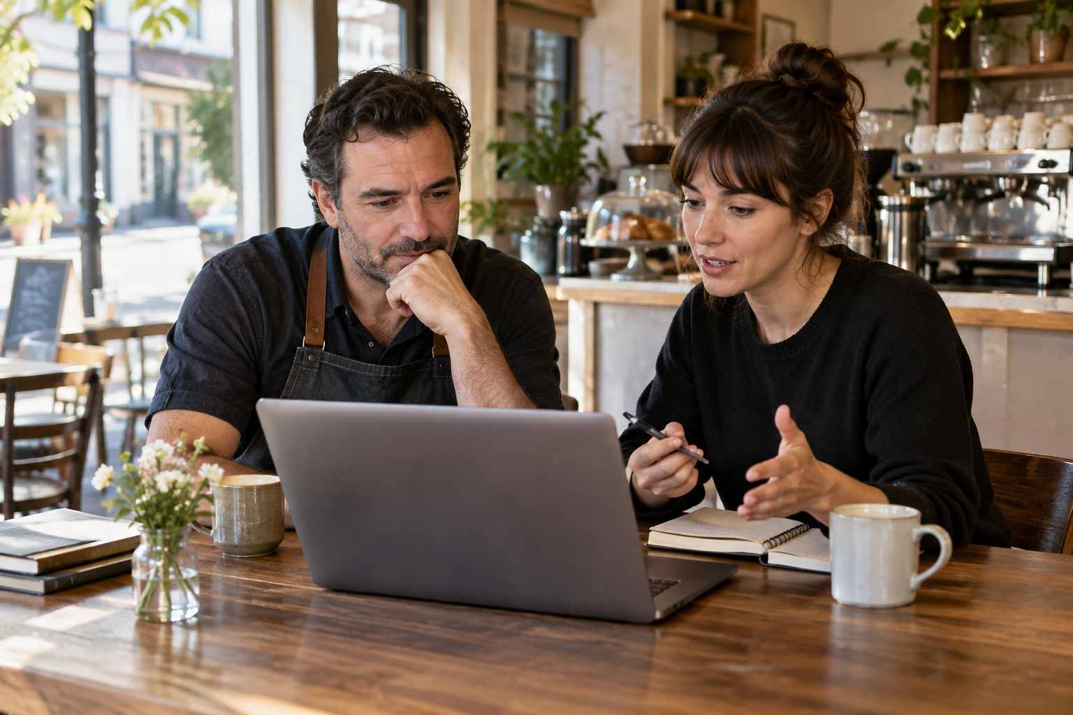 Cafe owner and manager reviewing customer feedback before sending a personal response