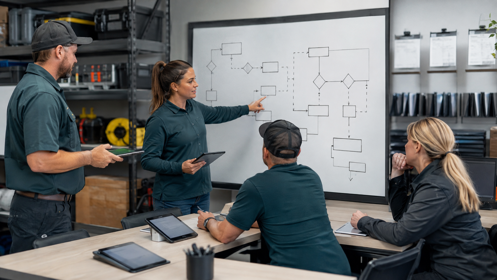 Service delivery and office team reviewing workflow handoffs before AI automation