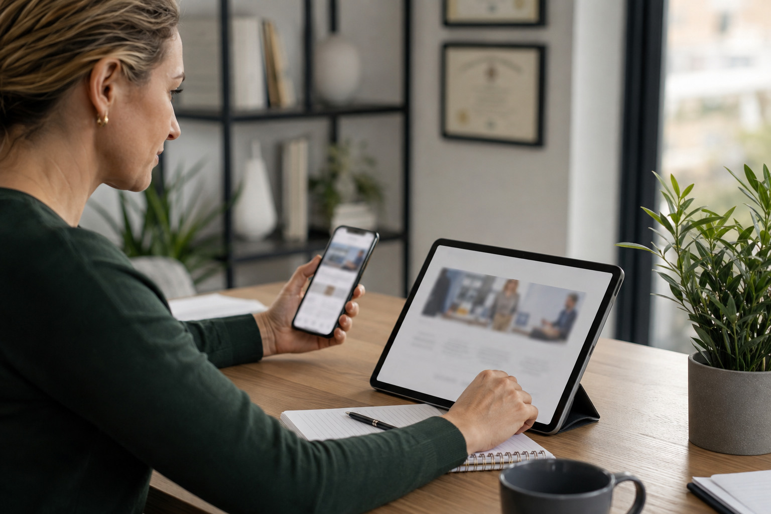 Small consulting firm owner aligning a clear website offer with supporting social distribution on blurred devices