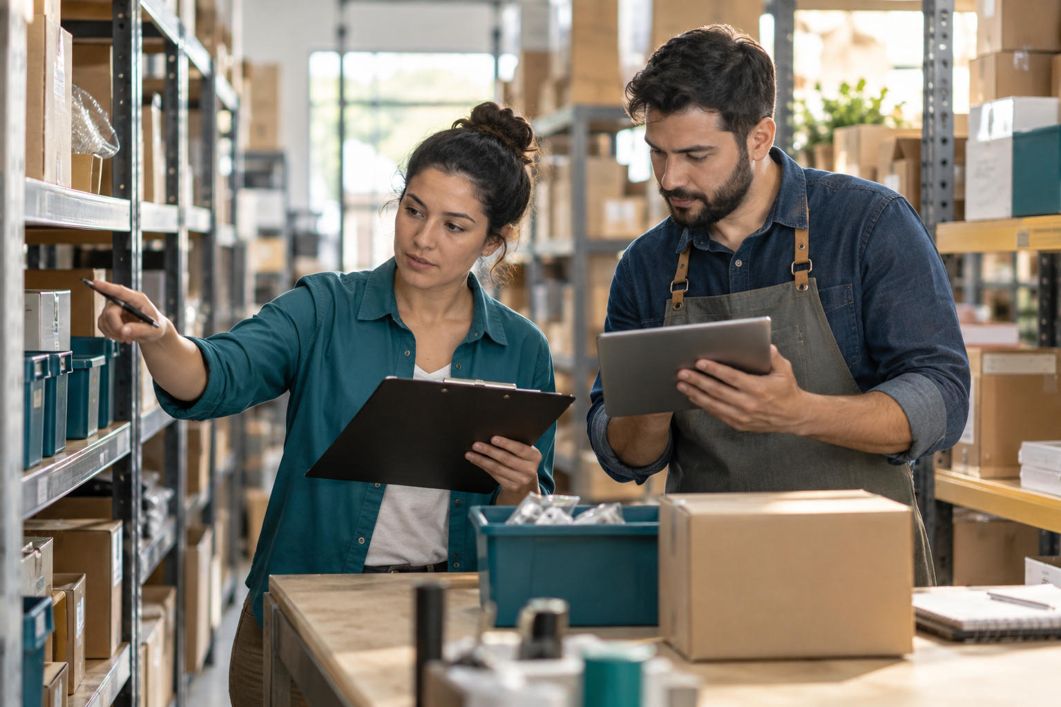 Small business team checking stock count exceptions before placing a reorder