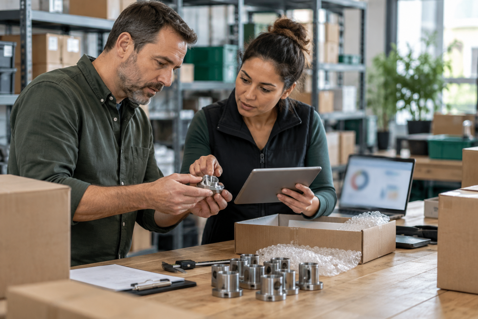 Small business team inspecting incoming supplier parts with AI-assisted exception signals