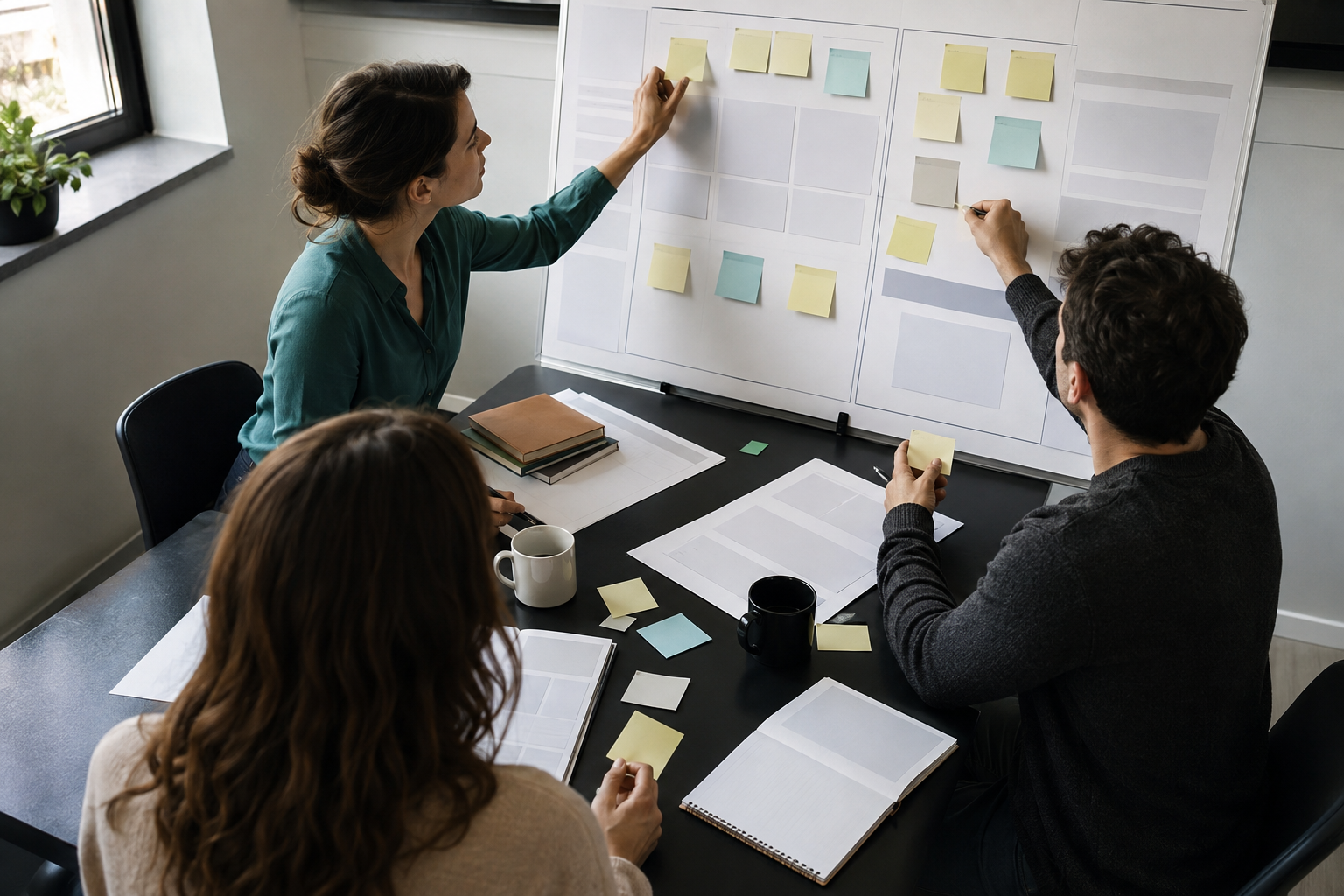 Small business team mapping one website page to several supporting LinkedIn content ideas on an unreadable planning board
