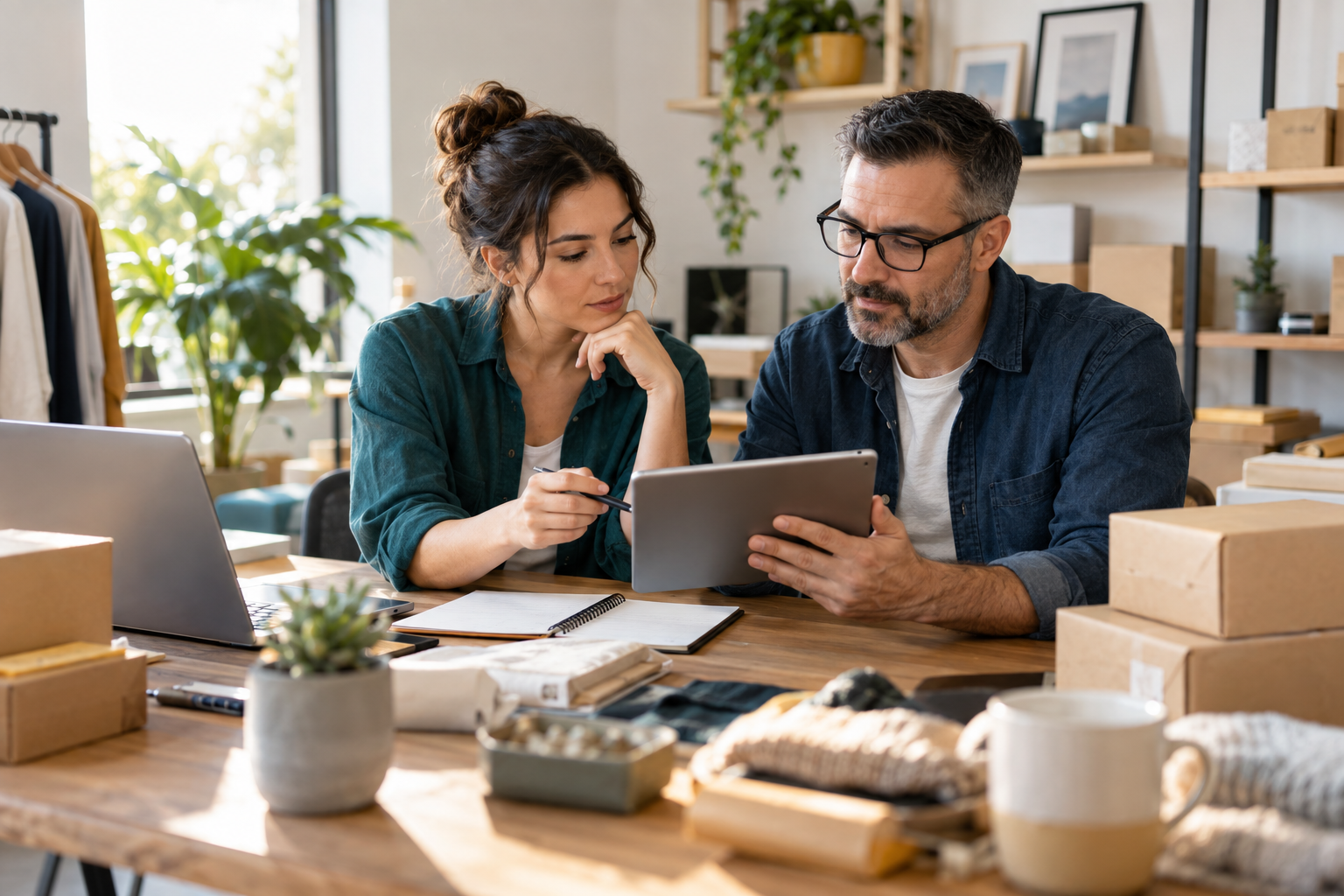 Ecommerce owner and manager reviewing weekly order, stock, support, returns, and follow-up exceptions