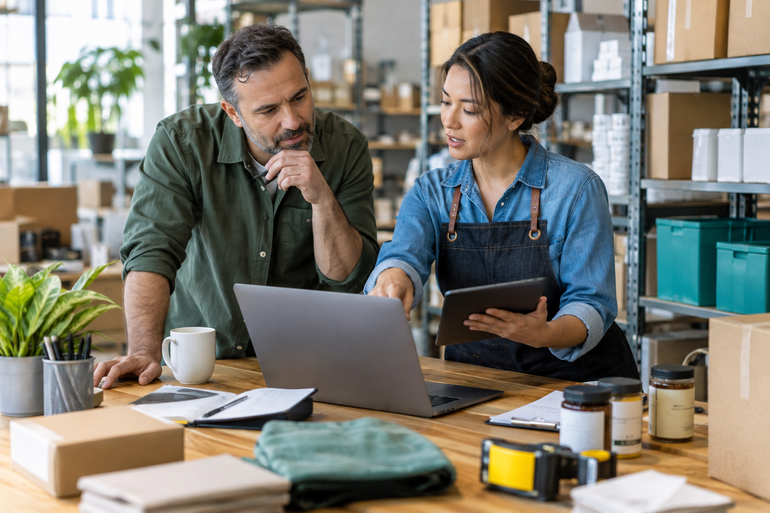 Small business owner and inventory coordinator reviewing weekly stock exceptions and reorder timing